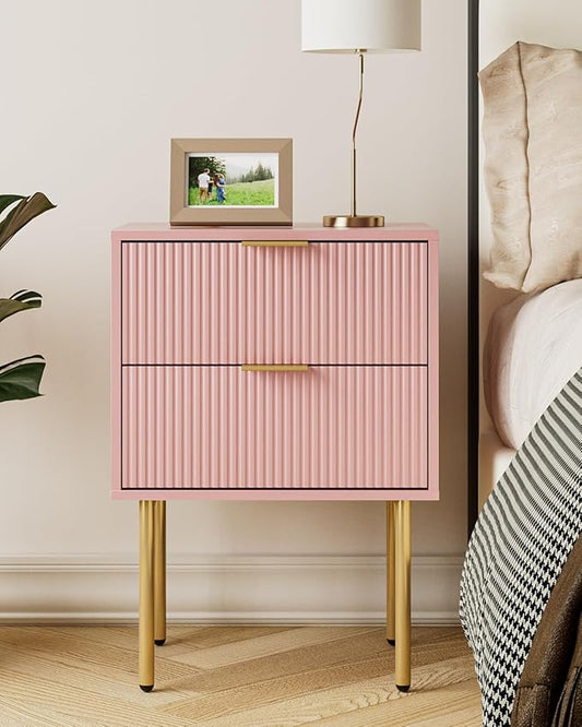 Aienvey Night Stand, Modern Nightstand with Drawers, Bedside Table, Gold Small Side Table for Bedroom, Living Room End Table (Pink Stripe, 2 Drawers)