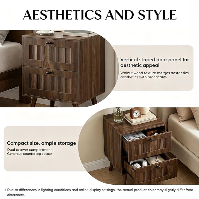 Kiasthome Mid-Century Wood Nightstand with 2 Drawers, Fluted Front Bedside Table, Functional End Table for Bedroom & Living Room (Vintage Walnut (2-Pack))