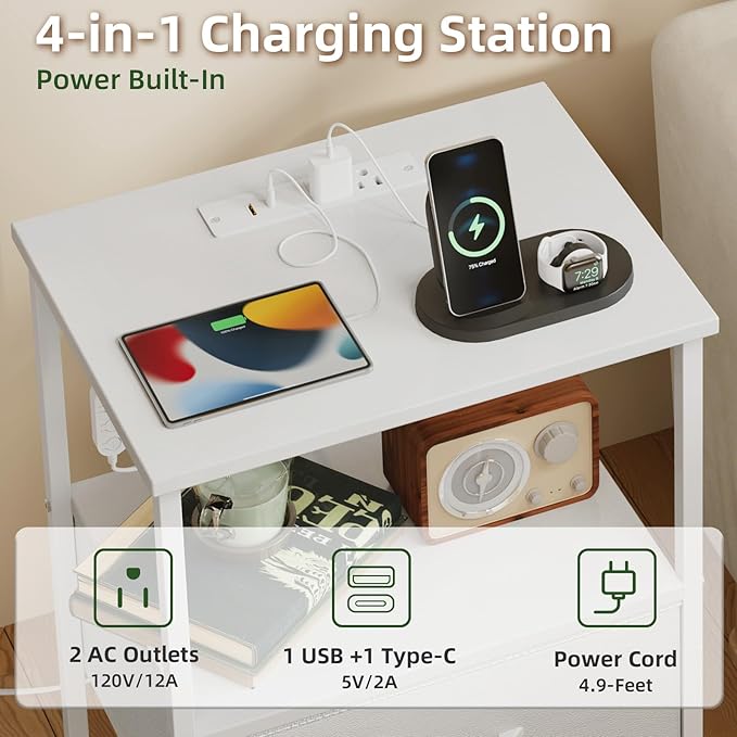 Somdot Nightstand with Charging Station and LED Light for Bedroom, Bedside Table End Table for Dorm Guest Room Bedside Kids Laundry Closet Entryway Hallway, White Leather