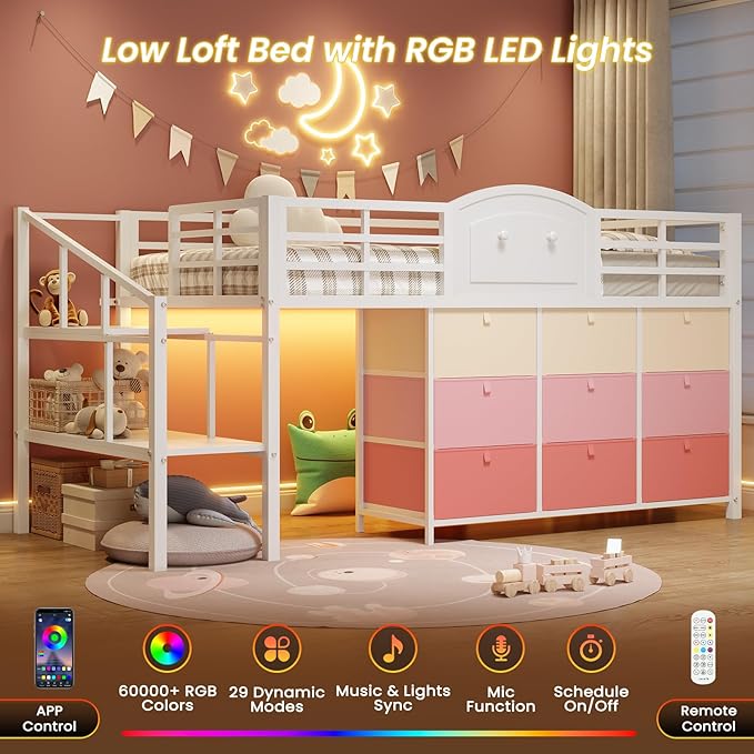 VIAGDO Low Loft Bed Twin Size with 9 Storage Drawers and LED Lights, Metal Twin Loft Bed with Stairway Shelf Storage, Low Loft Bed with Safety Guardrail and Under-Bed Hideaway for Kids, White