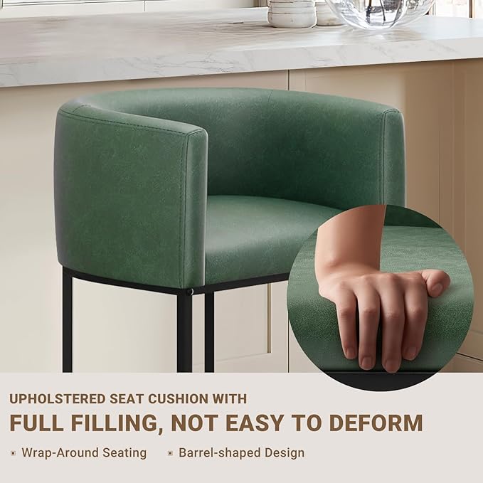26" H Counter Height Bar Stools Set of 3, Modern Barrel Counter Stools with Backrest and Arms, Faux Leather Upholstered Accent Barstools for Kitchen Island,Support 450 LBS (Green)