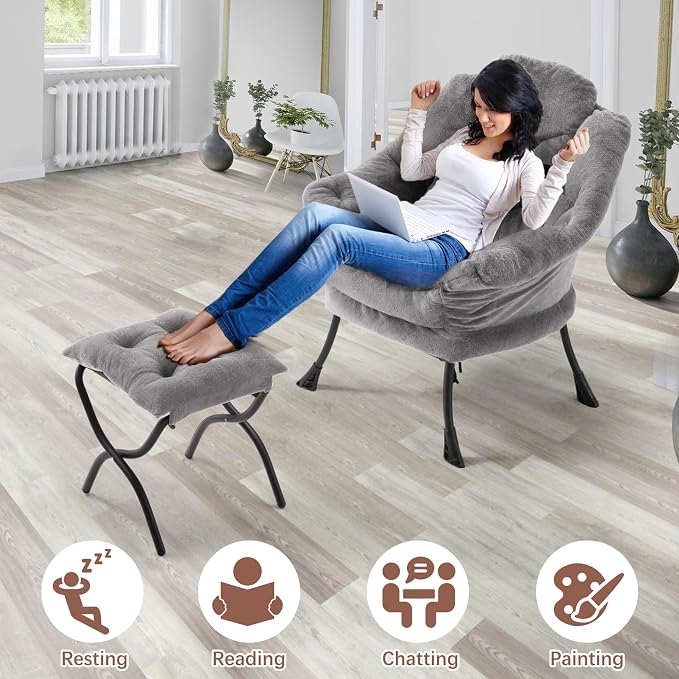 Lazy Chair with Folding Ottoman,Leisure Sofa Chair,Soft Fabric Armchair with Armrests and Side Pockets, Reading Chair with Footrest for Living Room, Bedroom, Office (Plush Light Grey)