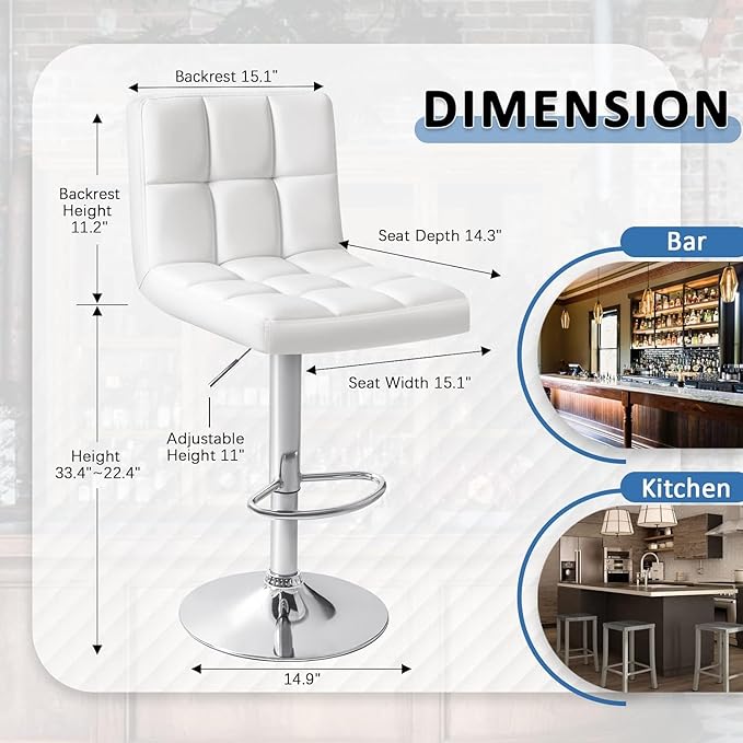 Homall Bar Stools Modern PU Leather Adjustable Swivel Barstools, Armless Hydraulic Kitchen Counter Bar Stool Extra Height Square Island Barstool with Back Set of 2 (Leather, White)