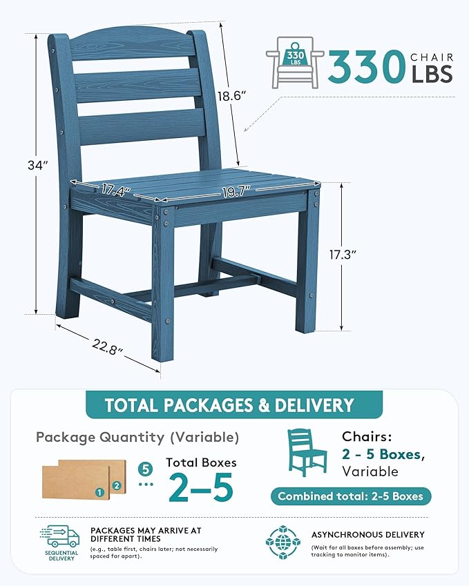 SERWALL Outdoor Armless Dining Chairs Set of 4, All-Weather HDPE Patio Dining Chairs with 19.7" Widened Seat and Curved Backrest for Backyard, Garden, Blue