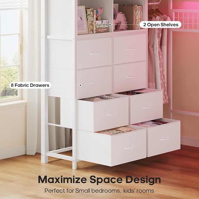 ADORNEVE Loft Bed Full Size with Desk and 8 Storage Drawers, LED Metal Loft Bed with Power Outlet, 2 Shelves & Clothing Rack, Bed with Safety Guardrail & Ladder,Space-Saving, White