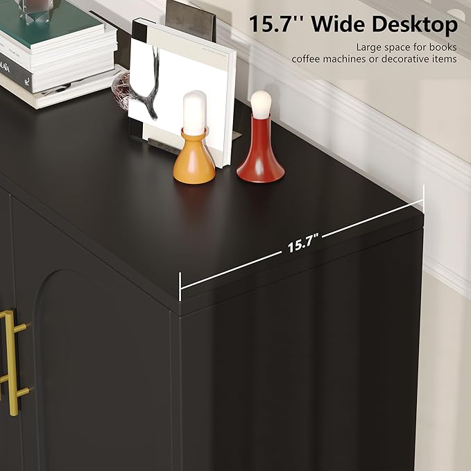 Keehusux 15.7" D Black Buffet Cabinet with Storage, Accent Buffet Sideboard with Adjustable Shelf and Solid Wood Legs, Modern Floor Storage Cabinet for Kitchen, Living Room, Black