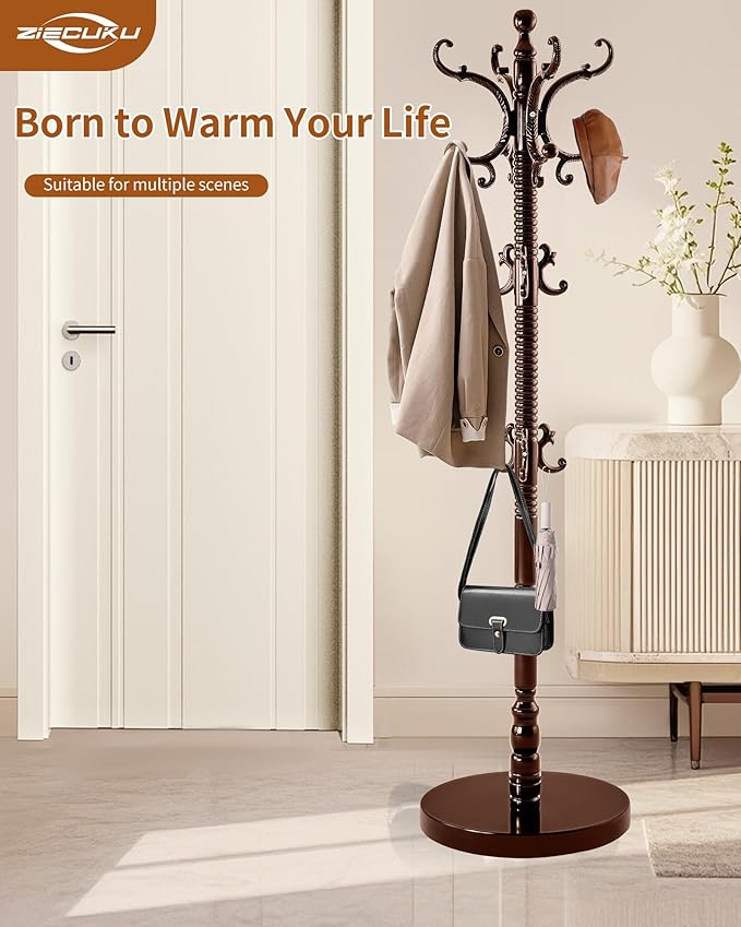 Wooden Coat Rack Freestanding, Solid Wood Coat Rack Stand with 14 Hooks, Vintage Heavy Duty Standing Coat, Sturdy Jacket Hanger Tree Stand for Corner, Office, Entryway