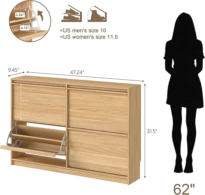 Shoe Cabinet with 4 Flip Drawer, 47.24" W Shoe Storage Organizer Cabinet for Entryway, Narrow, Slim Freestanding Shoe Rack with Adjustable Shelf, Wooden, Morden Living Room,Hallway, Oak