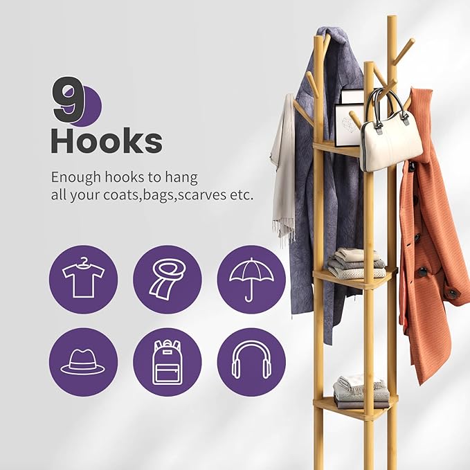 Rotating Coat Rack, Freestanding Coat Rack with 3 Shelves and 9 Hooks Clothes Organizer Coat tree for Bedroom, Entryway, Livingroom (Natural)