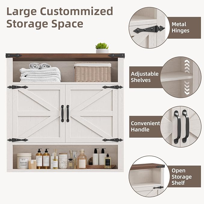 Bathroom Wall Cabinet, Farmhouse Medicine Cabinet with Adjustable Shelves and 2 Barn Doors, Wall Mounted Over the Toilet Storage Cabinet for Bathroom, Laundry Room, Kitchen, Rustic White and Brown
