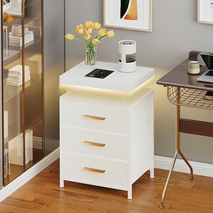 DreamDashio Nightstand with LED Lights, 3 Fabric Storage Drawers, Bedside Table with Floating Wood Top & PU Leather Fronts, Compact Modern End Table for Bedroom, Living Room or Dorm, White
