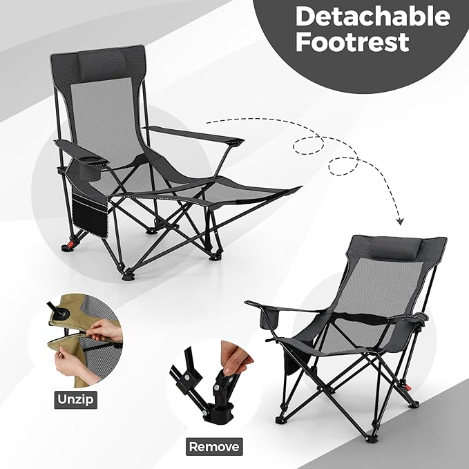 Goplus Camping Lounge Chair w/Detachable Footrest, Folding Beach Chair w/4-position Backrest, Carrying Bag, Removable Pillow, Cup Holder, Storage Pouch, Reclining Chair, 330LBS Capacity (Grey,1)