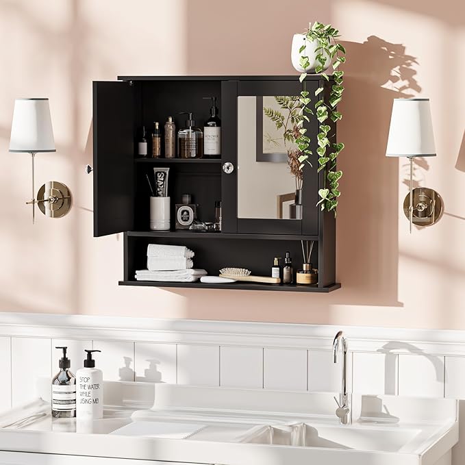 VINGLI Black Medicine Cabinet with Mirror, Wall Mounted Bathroom Cabinet with Open Shelf, 2-Door Hanging Storage Organizer Over Toilet, Adjustable Shelves for Vanity, Living Room, 22x23 Inch
