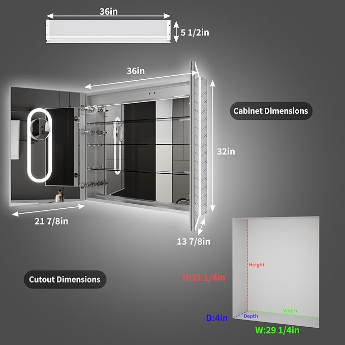 ExBrite 36 x 32 Lighted Medicine Cabinet with Mirror, Front&Backlit led Medicine Cabinet,Defog,5X Magnifier,3 Colors Temper Dimmable,Surface or Recessed Mount,Door Wide Open
