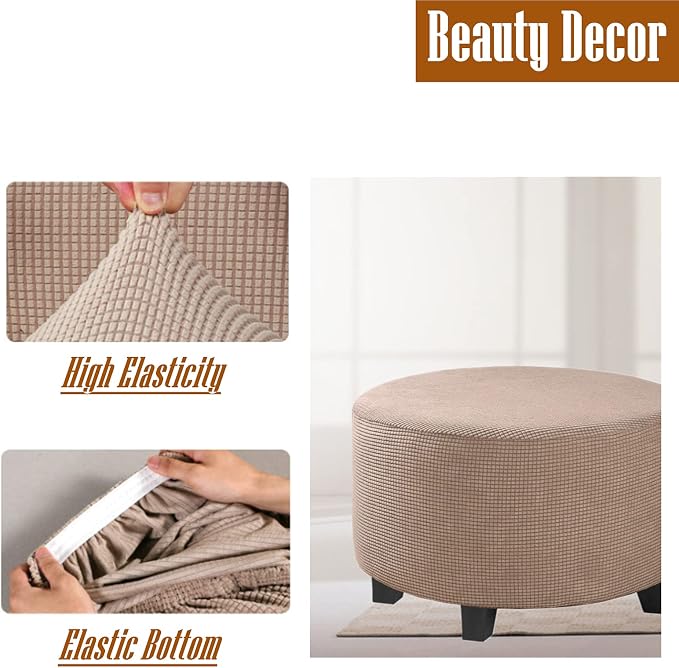 Stretch Ottoman Slipcover – Round Furniture Protector Fits 24"-29" Dia, for Footrests, Storage Ottomans & Folding Stools – Elastic Fabric Cover (Khaki, Large)