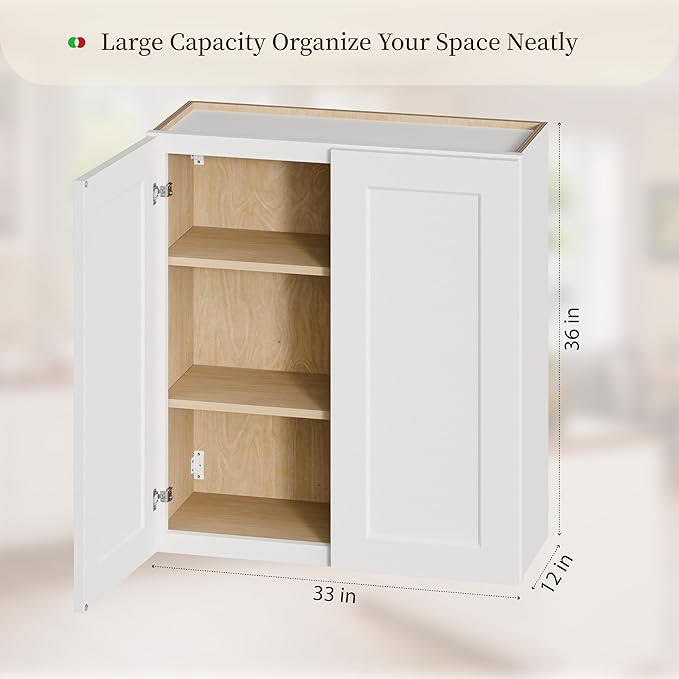 Kisart Laundry Room Cabinets Wall Mounted with Doors & Shelves, Solid Wood RTA Medicine Storage Cabinet, 33" Wx36 Hx12 D Inch White Shaker Hanging Cupboard, Space-Saving for Kitchen, Bathroom, Garage