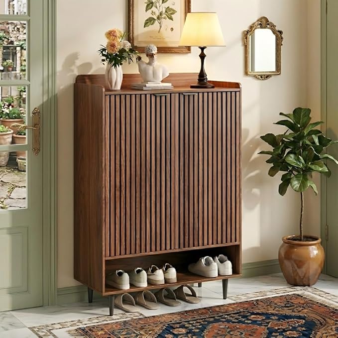 Shoe Cabinet with 2 Doors for Entryway, 21 Pairs Wooden Shoe Storage Cabinet with Adjustable Shelves, Farmhouse Hidden Shoe Organizer for Hallway & Mudroom, Slim Freestanding Shoe Cabinet, Walnut