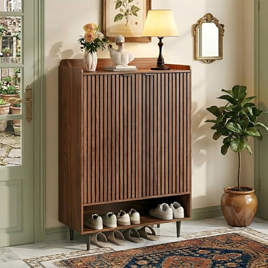 Shoe Cabinet with 2 Doors for Entryway, 21 Pairs Wooden Shoe Storage Cabinet with Adjustable Shelves, Farmhouse Hidden Shoe Organizer for Hallway & Mudroom, Slim Freestanding Shoe Cabinet, Walnut