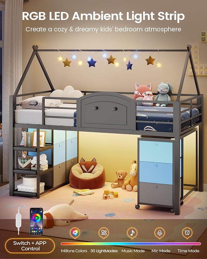 VIAGDO Twin Loft Bed with Desk and Storage for Kids, Metal Low Loft Bed Twin with 9 Drawers, 3-Tier Shelves, Led Lights, Safety Guardrail, No Box Spring Needed,Grey