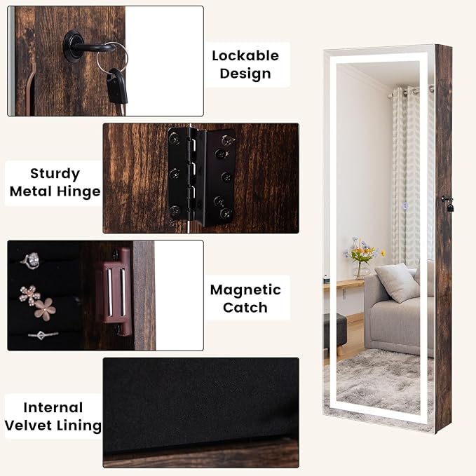 CHARMAID LED Mirror Jewelry Cabinet, 47.2'' Jewelry Armoire with Adjustable Lighted Full Length Mirror, Wall Mounted or Door Hanging, Lockable Jewelry Organizer Storage (Rustic Brown, 47.2''H)