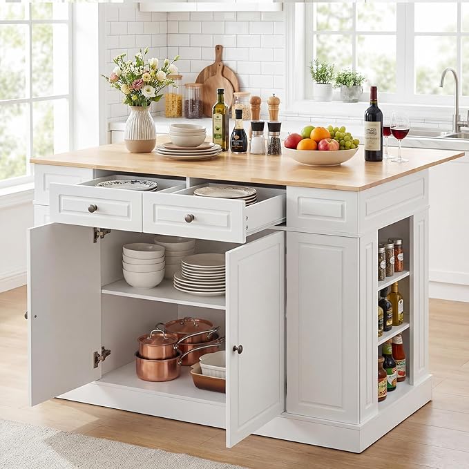 Giantex Kitchen Island with Storage & Drop Leaf, 48" Stationary Island Table with Rubber Wood Top, 2 Drawers, Cabinet, Adjustable Shelf, Butcher Block Island for Living Dining Room, Bar (White)