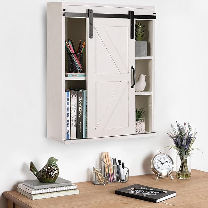 RUSTOWN Farmhouse Wood Wall Storage Bathroom Cabinet with Sliding Barn Door, Rustic Medicine Cabinet with Adjustable Shelf, 3-Tier Vintage Cabinet for Kitchen, Bathroom, Living Room (Vintage White)