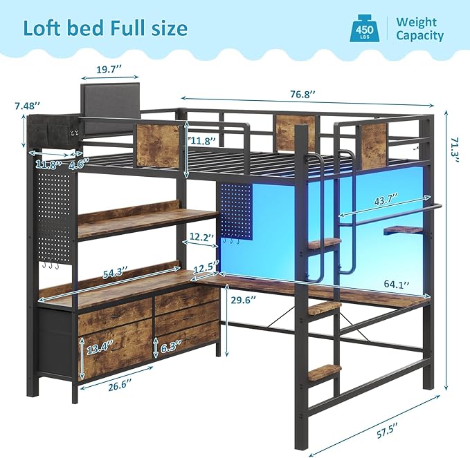 busyaeh Loft Bed with Desk,Loft Bed Full Size with 5 Drawers & 3 Open Shelves and LED Lights,Full Size Loft bed with Charging Station & Thickened Tread Stairs for Adults/Kids/Young Teens,Vintage Brown