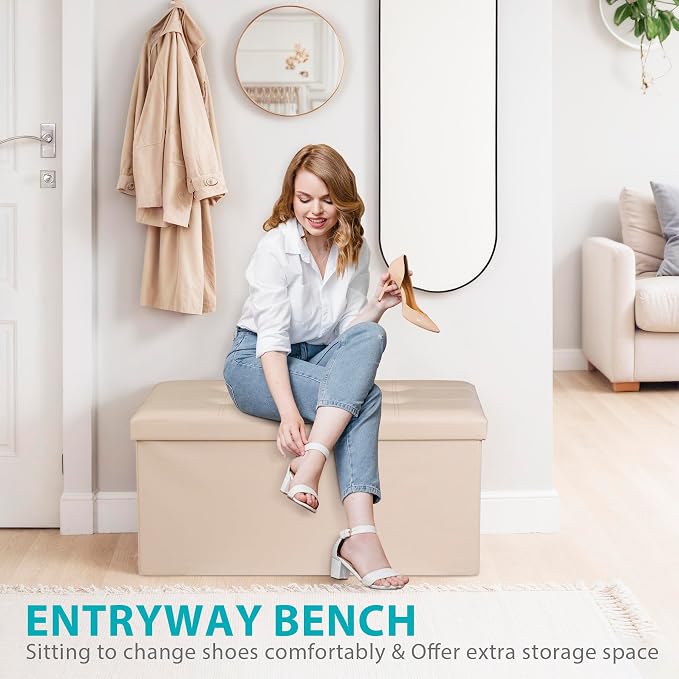 ZenStyle 30Inches Storage Ottoman Bench, Folding Footrest Stool, Storage Chest Long Shoes Bench with Foam Padded Seat, Holds up to 350 lbs, for Living Room, Entryway, Bedroom (Beige, 30 inches)