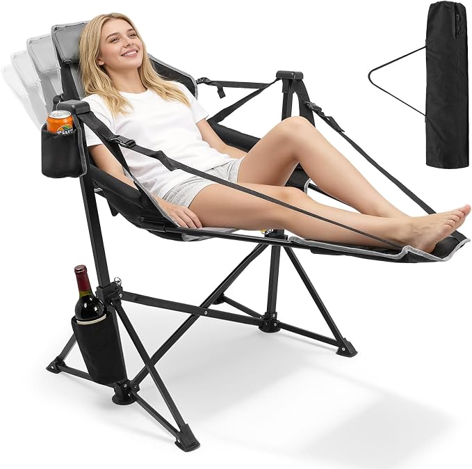 ZENPETIO Hammock Camping Chair with Footrest, Oversized Portable Folding Camp Chairs for Adults, Heavy Duty Outdoor Rocking Camp Chair with Cup Holder & Pillow for Beach, Patio, Lawn, 500 LBS