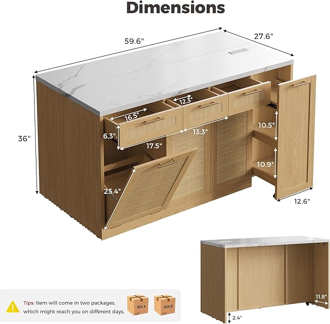 LIKIMIO 59" Kitchen Island with Power Outlet & Hidden Trash can Storage, Faux Marble Island Table with Seating Area, 3-Tier Spice Rack, 3 Drawers, 2-Tier Cabinet, Kitchen Cart on Wheels, Natural