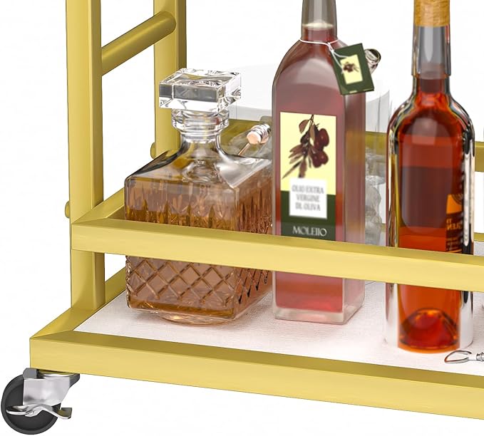 4 Tier Bar Cart with Wheels, Home Bar Serving Cart, Rolling Mini Wine Cart with Wine Rack and Glass Holder, Drink Cart for Dining Room, Living Room, Kitchen, Bar and Outdoor, Gold