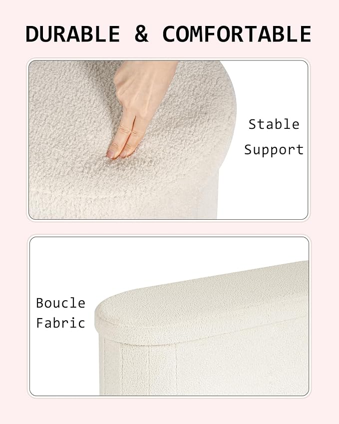 Storage Ottoman Bench, 43.3 Inches Oval Ottoman with Storage, Teddy Boucle Foot Rest, Large Folding Ottoman Bench for Living Room, Entryway, Bedroom, White
