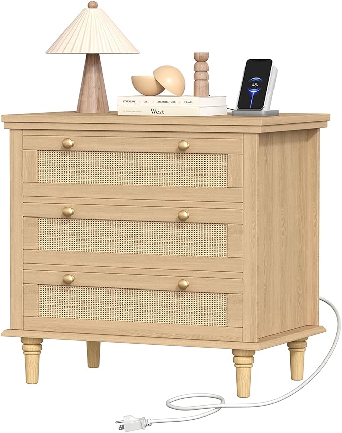 Keehusux 27.6" W Rattan Nightstand with 3 Drawers, Large Night Stand with Charging Station, Boho Bedside Table with Round Handles, Wooden End Table for Bedroom, Natural Oak