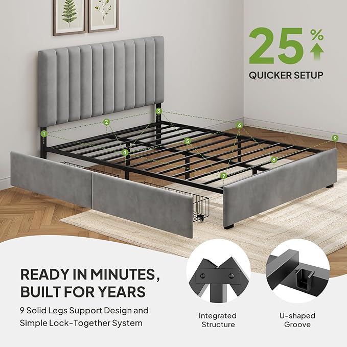 Welzona Queen Size Velvet Bed Frame with 2 Storage Drawers, Fully Upholstered Metal Platform Corner Bed Frame with Vertical Tufted Headboard, 3-Level Height, Easy Assembly, No Box Spring Needed, Grey