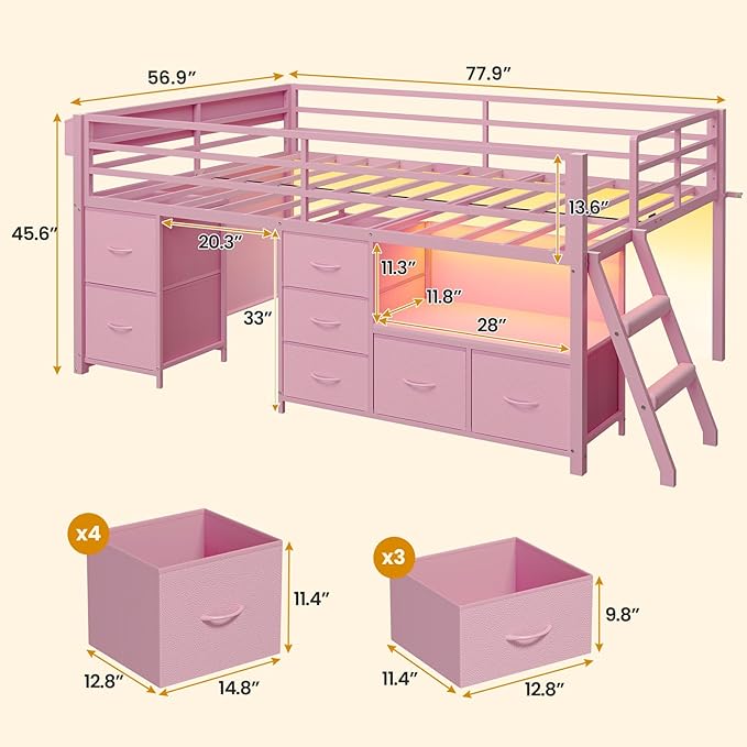 ADORNEVE Low Loft Bed Full Size with 7 Storage Drawers, Bookcase and LED Lights, Metal Kids Loft Bed with 14" H Safety Guardrail,Inclined Ladder and Play Curtain, Under-Bed Play Space, Pink