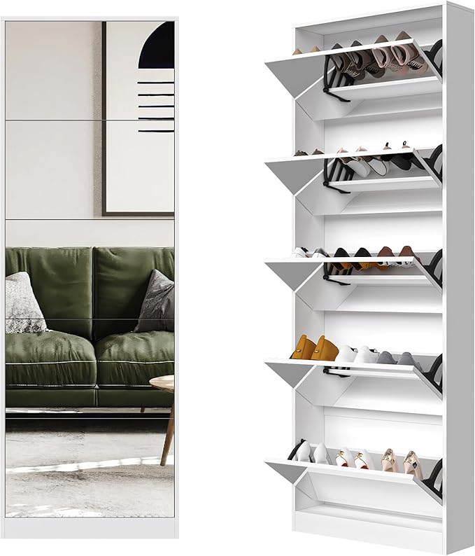 Mirror Shoe Cabinet, Hidden Shoe Storage Organizer with Flip Drawers Door, 5 Tier Free Standing Shoe Rack for Closet, Entrance