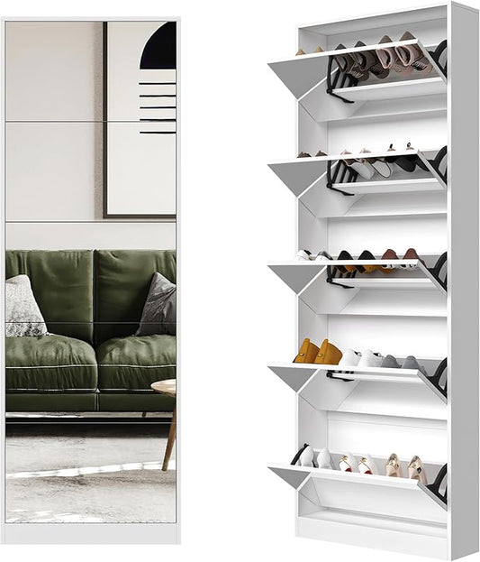 Mirror Shoe Cabinet, Hidden Shoe Storage Organizer with Flip Drawers Door, 5 Tier Free Standing Shoe Rack for Closet, Entrance