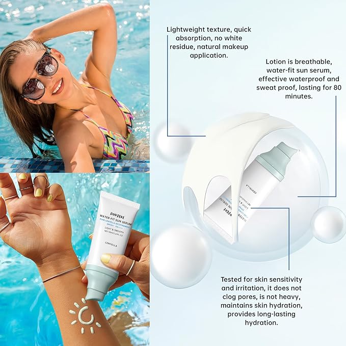Centella Sunscreen SPF 50+ PA++++, 50ml Korean Sun Screen With Niacinamide For Face & Body, Gentle Water - Fit Sun Serum For Oily & Dry Skin, Long Lasting Moisturizing, No White Cast, Travel Size