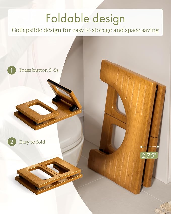 AmazerBath 8.5 Inches Bamboo Toilet Stool Squat for Adult, Foldable Squatting Potty Stool for Bathroom, 0.79" Thickness Poop Stool with Non-Slip Strip, No Assembly Required, Dark Wood Color