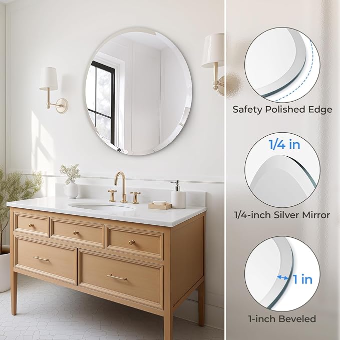 USHOWER 30" Round Frameless Wall Mirror with Beveled Edge - Circle Mirror for Bathroom & Vanity, Elegant & Simple Look