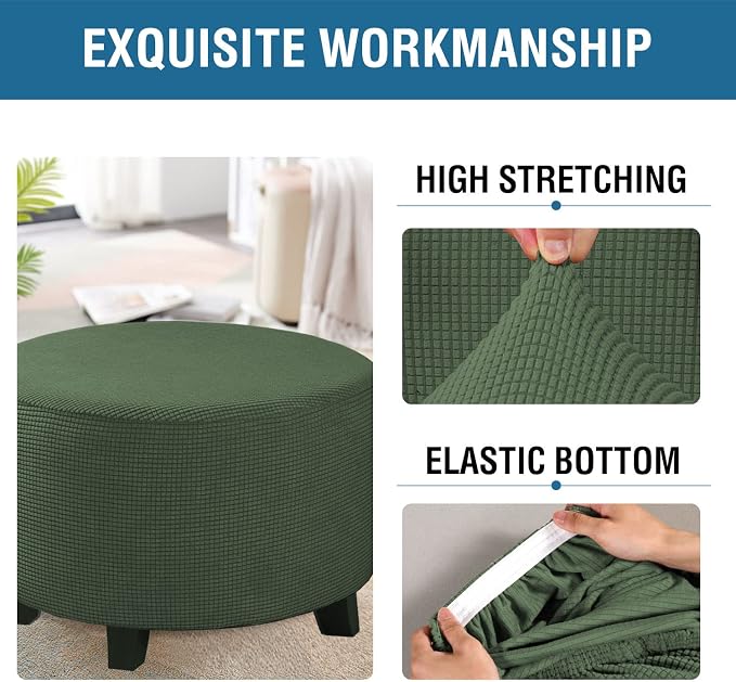 H.VERSAILTEX Ottoman Cover Stretch Ottoman Slipcover Round Ottoman Storage Cover Folding Stool Covers Furniture Protector Cover for Footrest Ottoman Fit Dia 30" - 41", Bronze Green