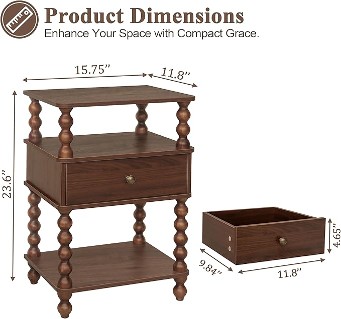 AWASEN Mid Century Modern Nightstand, Bedside Table with Storage, 3-Tier Small Night Stand End Table with Drawer for Bedroom &Solid Wood Spindle Legs, Walnut Brown