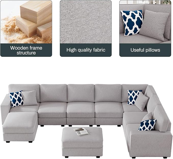 Legend Vansen Oversized Modular Sectional Sofa,U/L‑Shaped Reversible Couch with Ottoman,Deep Seat Plush Polyester Sofa for Living Room,9‑Seate,Light Grey