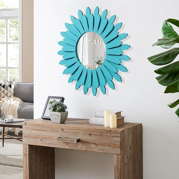 Honiway Beach Wall Decor Mirror 21 inch Wood Coastal Wall Decor Sunburst Boho Home Decor Room Decor for Bedroom Living Room Entryway Cyan
