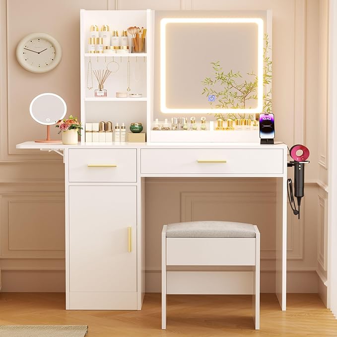 ERLEJIA Vanity Desk with Mirror and Lights & Extral Foldable Desk, 31.5" & 39.3" Makeup Vanity Table with 4 Drawers and 3 Open Shelves, Dressing Table for Bedroom, White