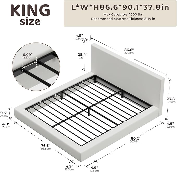 RECCI AirFrame King Size Bed Frame with Headboard, Cloud Upholstered Platform Bed Frame, 5 Inch Foam Cushioned, No Box Spring, Easy Assembly(Snow White)