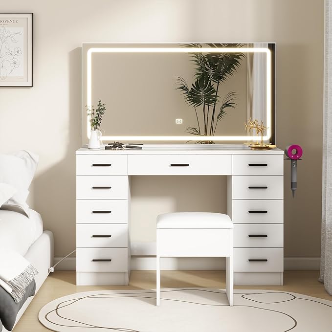 Panana Vanity Desk with 11 Drawers, Glass Top Makeup Table with Mirror and LED Lights Vanity with Stool 3 Lighting Modes Brightness Adjustable Dressing Table with Power Outlet (White)