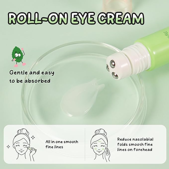 Green Tea Eye Roller Cream, Under Eye Moisturizer For Puffiness, Fine Lines and Bags, Green Tea Extract + Coffee Extract, Skin Care Eyes Repair Gel Hydrating & Cooling Formula, 0.71oz
