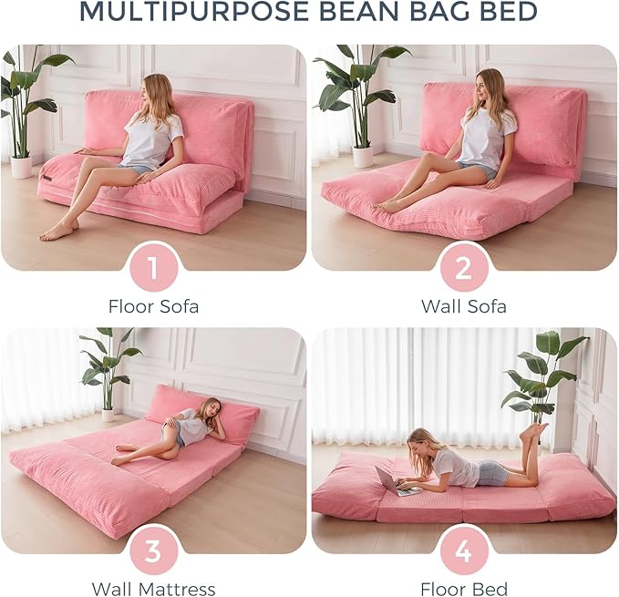 MAXYOYO Folding Sofa Bed, Floor Sofa Convertible Sleeper Chair with Washable Cover, Floor Couch Lounge Bean Bag Chair Bed for Living Room, Pink, 54x95 Inch