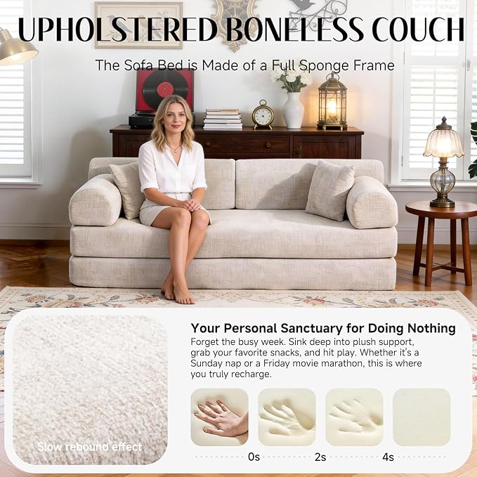 78.8" Convertible Sofa Bed with Detachable Arm Pillow, 6-in-1 Sectional Couches for Living Room, Corduroy Boneless Couch, Sleeper Loveseat Couch Bed, No Assembly, Light Camel Couch